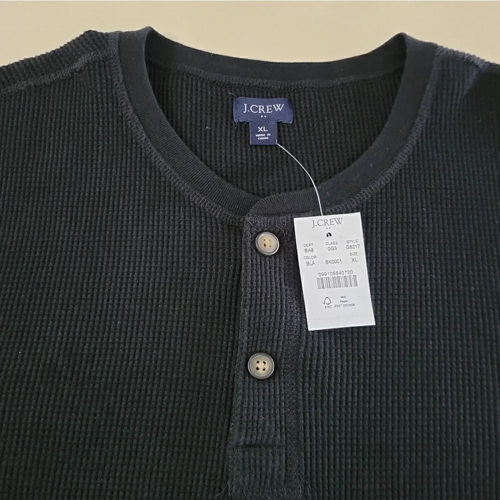 J.Crew Men's Black Long Sleeve Crewneck Waffle-knit Henley Shirt